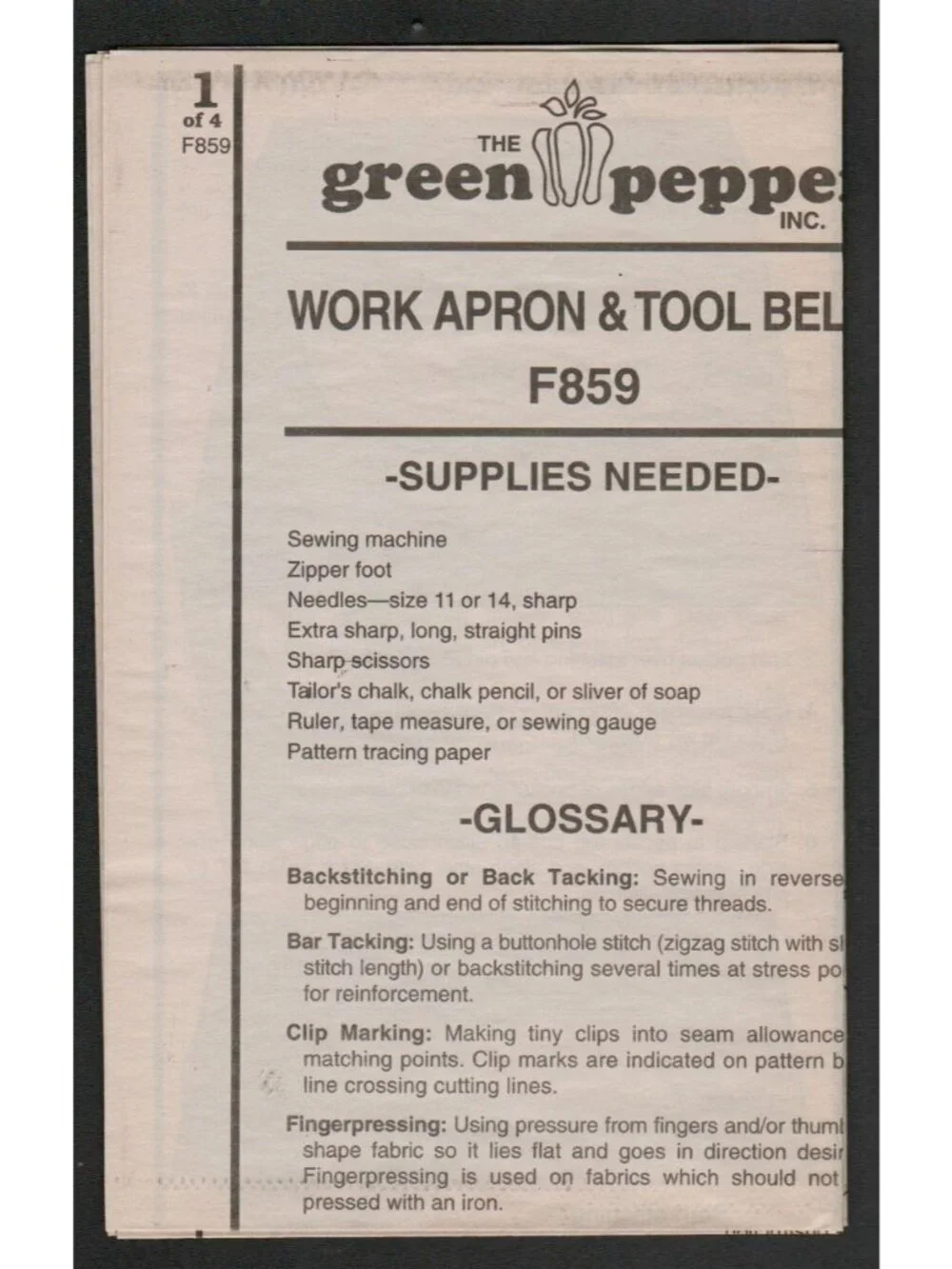 Green Pepper F859 536 Work Gardening Apron and Tool Belt Sewing Pattern Uncut OS